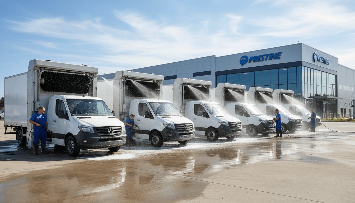Commercial vans lined up in a parking lot being washed by a worker