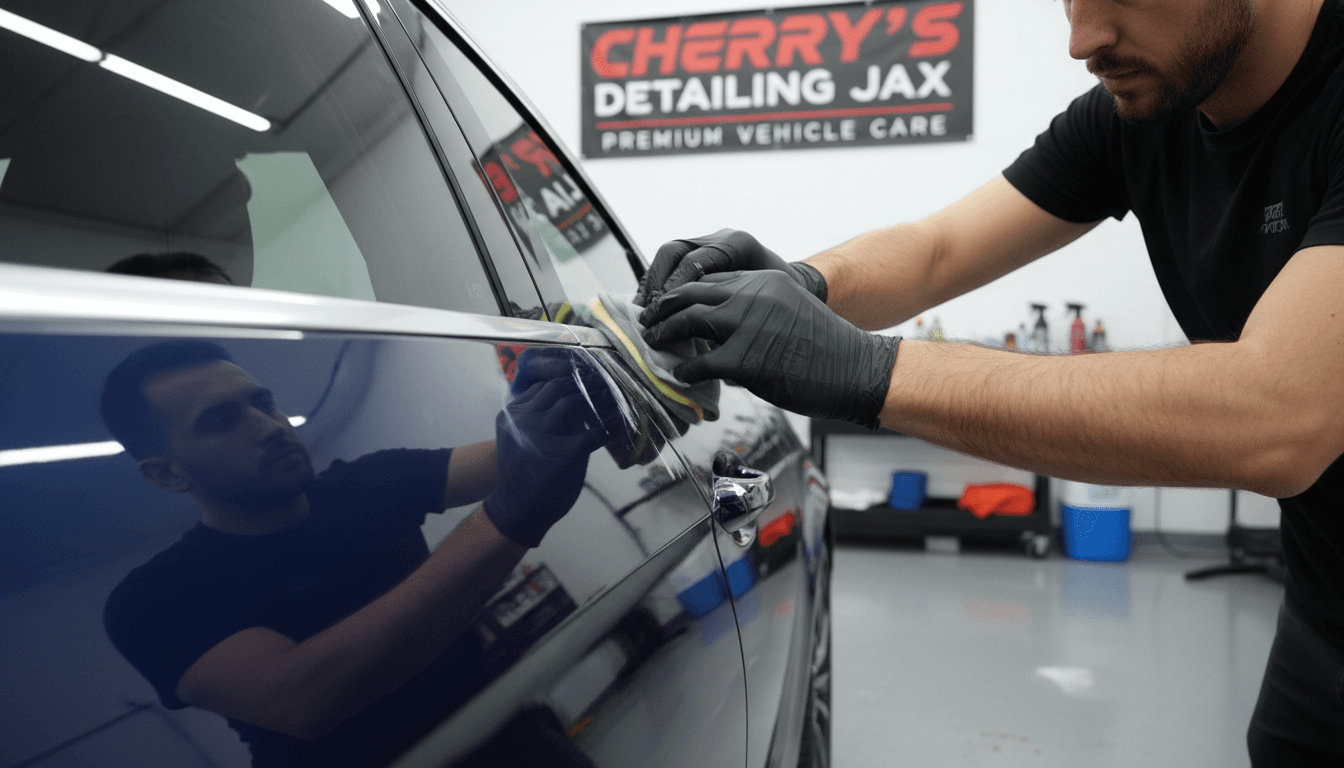Detailer hand-polishing a car door to a high-gloss finish in a clean garage